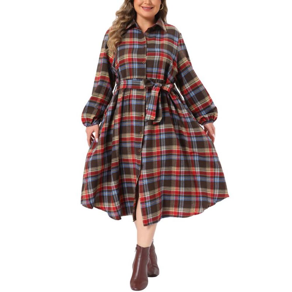 Women Plus Size Plaid Belted Button Down Shirt Dress Brown